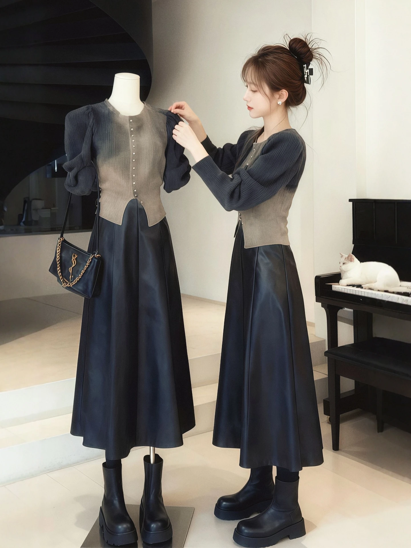 

Autumn Winter adient Color Knitted Sweater PU Leather Skirt Set Women's Faion Casual Sle Ensemble High Waist