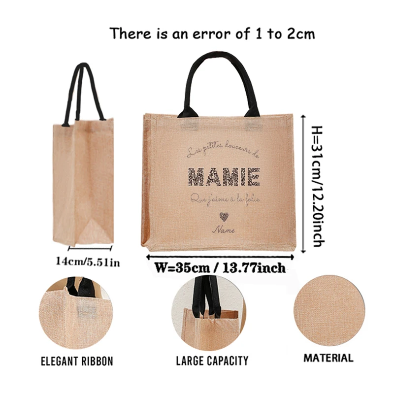 Personalized with Name Floral Boho Leopard Mamie Heart Bow Patterns Jute Tote Bag Shopping Bags Mum Daughter Mother's Day Gifts