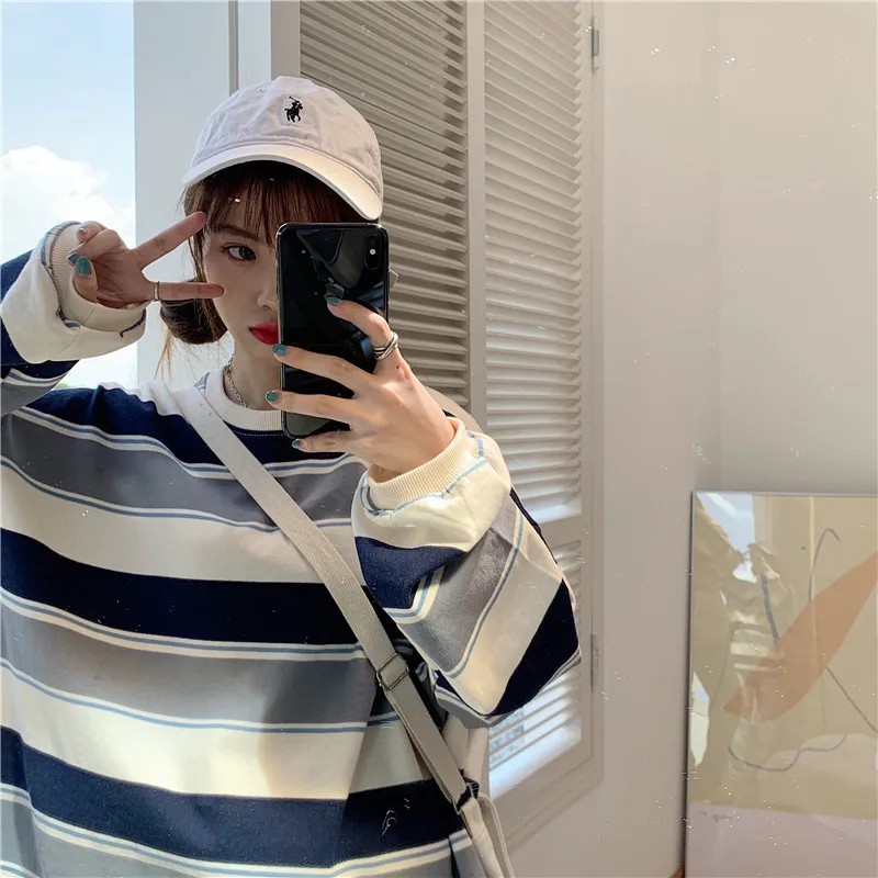 Striped T Shirt for Women 2026 Fall Winter Thin Loose Fit Long Sleeve Rainbow Stripe Casual Blouse Tee Top Plus Size Streetwear