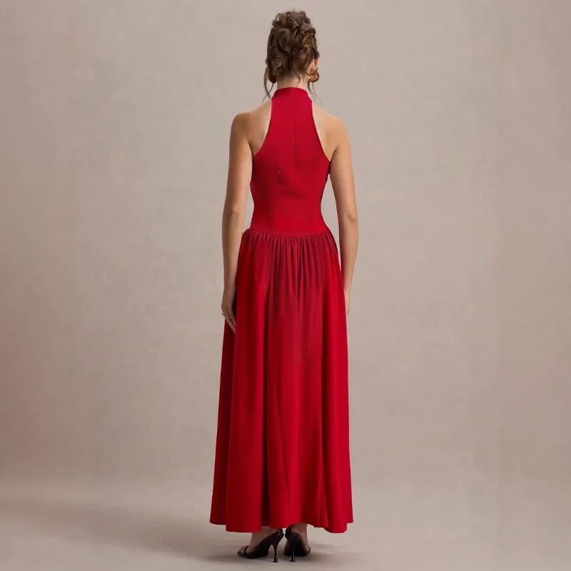 여성용 홀터 코르셋 게스트 웨딩 드레스, 우아한 민소매 슬림 셀럽 스타일 주름 파티 머메이드 이브닝 정장 롱 드레스