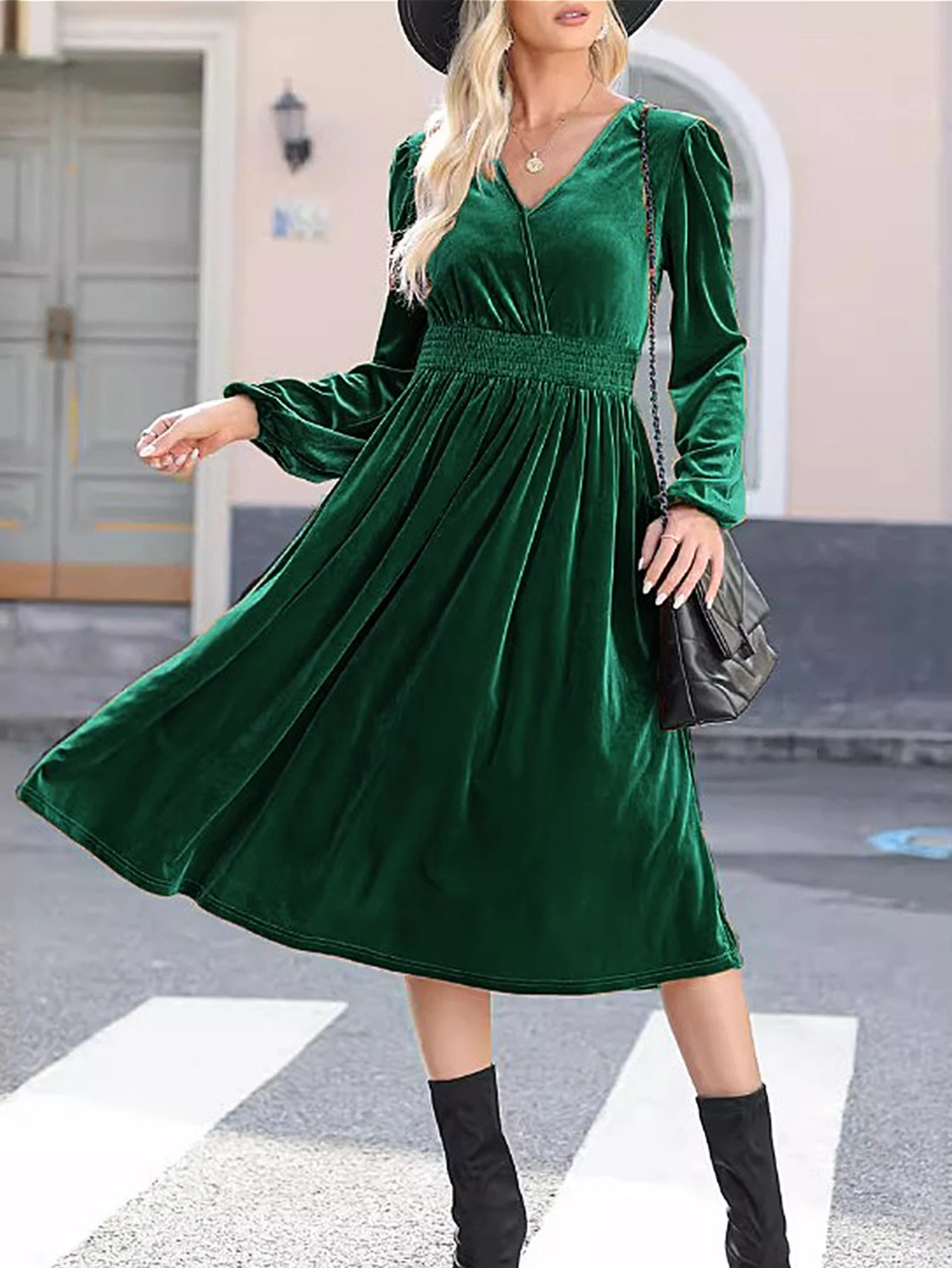 Vestido feminino de manga comprida com decote em v, vestido liso com cintura cortada, outono inverno, namoro diário abaixo do joelho