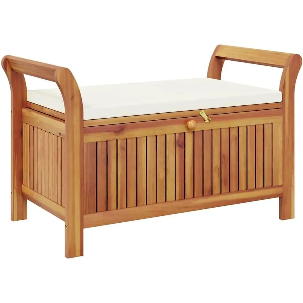 Outdoor Storage Bench with Cushion, Patio Deck Box, Solid Wood Acacia, Garden Balcony Porch Pool Yard