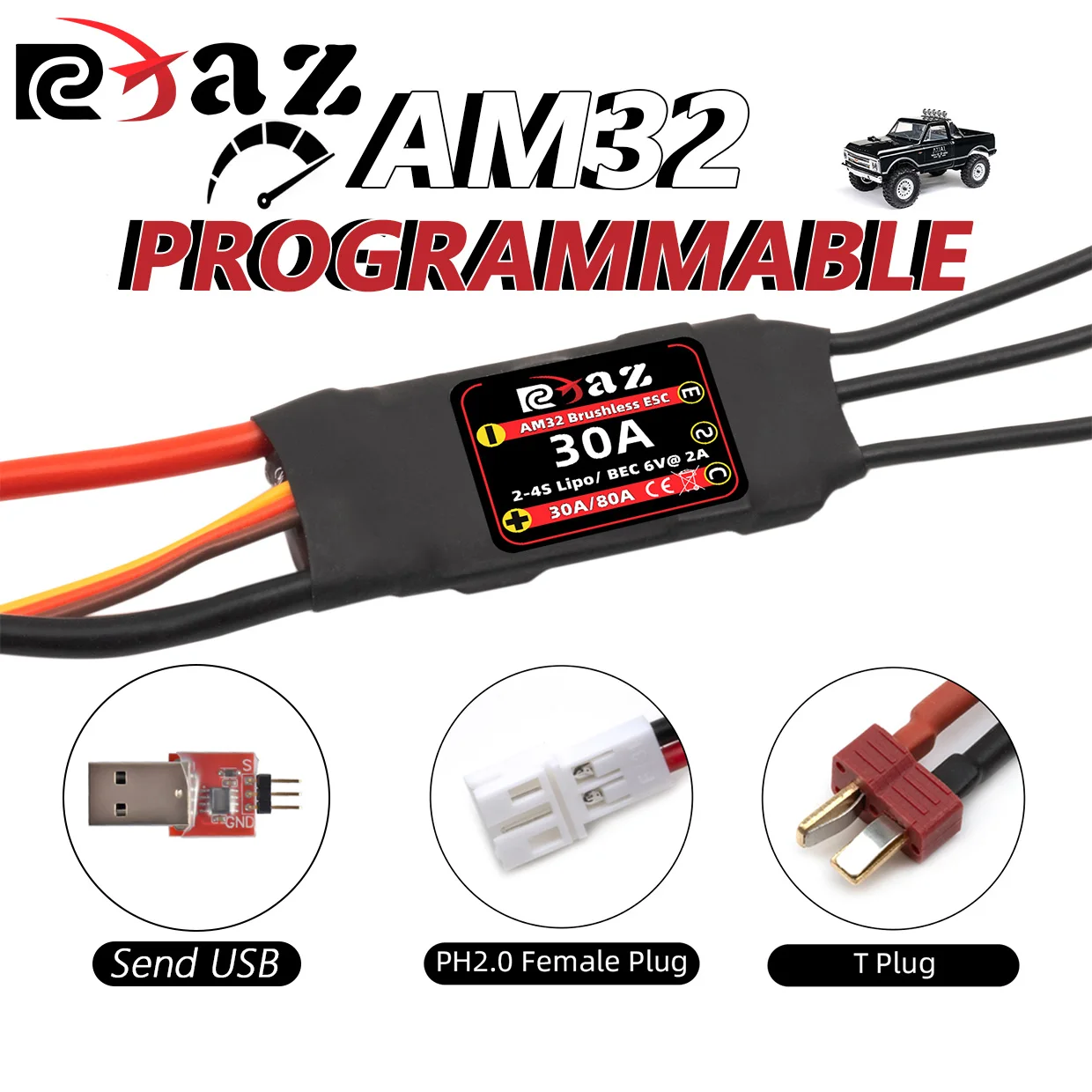 

RCXAZ Waterproof AM32 30A Brushless ESC Speed Controller with SUB Programmable for RC 1/18 1/24 Tracked Truck Axial SCX24 TRX4M