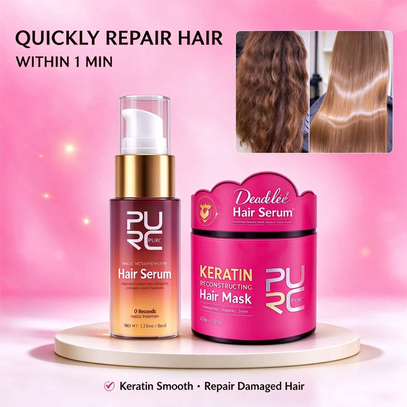 PURC Hair Care Set Keratin Reconstructing Hair Mask & Instant Smooth Hair Serum Repair Frizz Dry Split Ends Salon Hair Treatment