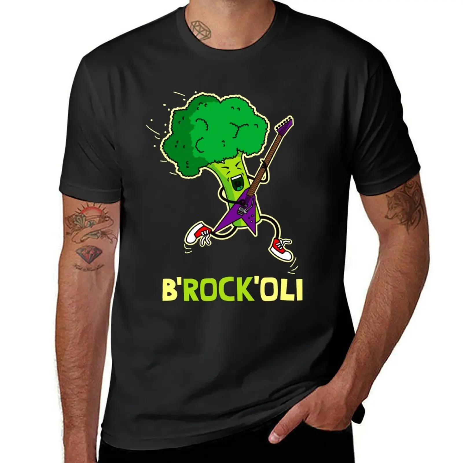 Funny cartoon broccoli playing electric guitar T-Shirt Aesthetic clothing tees cute clothes sweat black t shirts for men