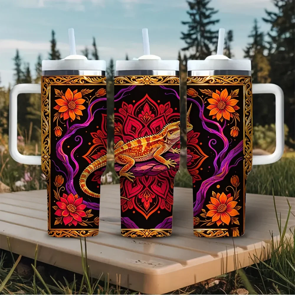 40oz Tumbler with Handle, Lizard Mandala Flower Printed Insulated Cup for Hot And Cold Drinks, Suitable for Adults for Outdoor Travel Daily Use Camping Hiking And Weekend Leisure Activities