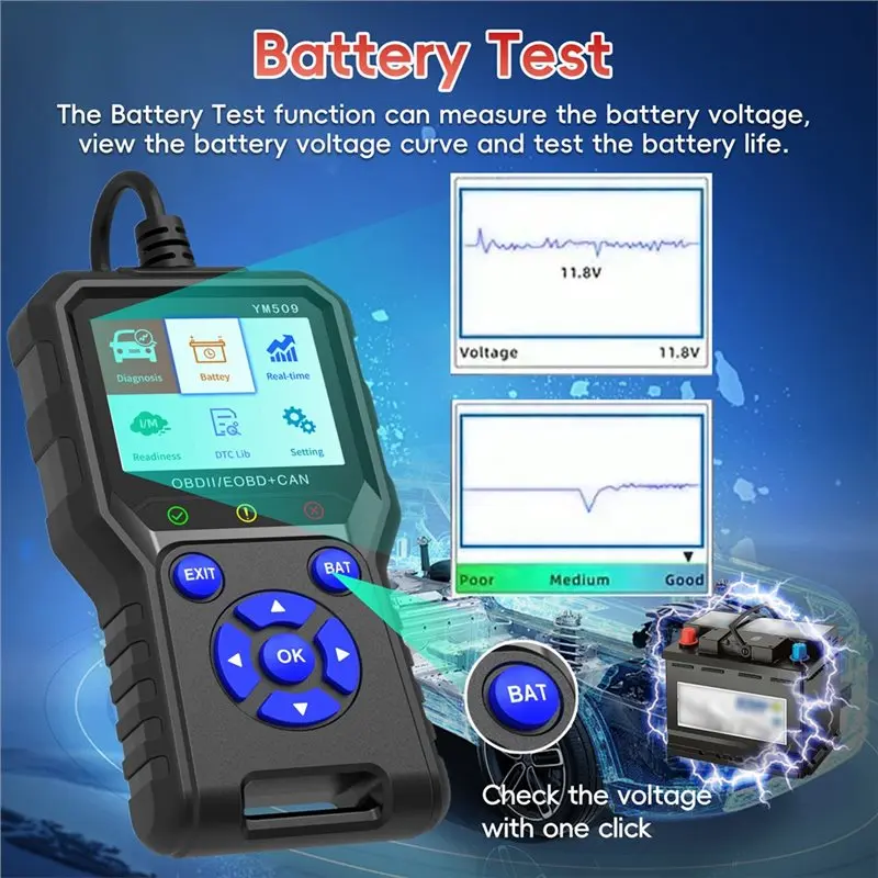 YM509 OBD2 Scanner Car Diagnostic Tool Multi-language Engine Light Battery Test Real-Time Data Car Code Reader