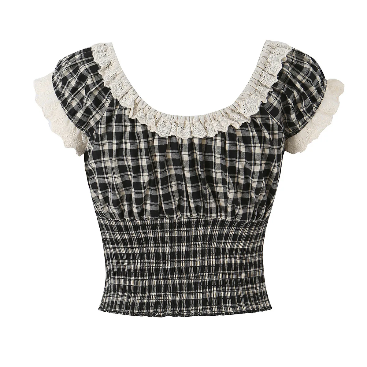 Dave&Di 2026 Summer New European And American Style Women's Plaid Bow Lace Collar Wooden Ear Top