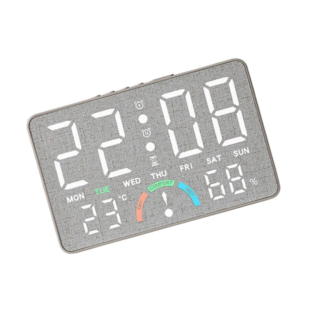 Home Use LED Clock Featuring Time Day Weekday Humidity Dual Alarm Manual Brightness Silent Running Grey Yellow