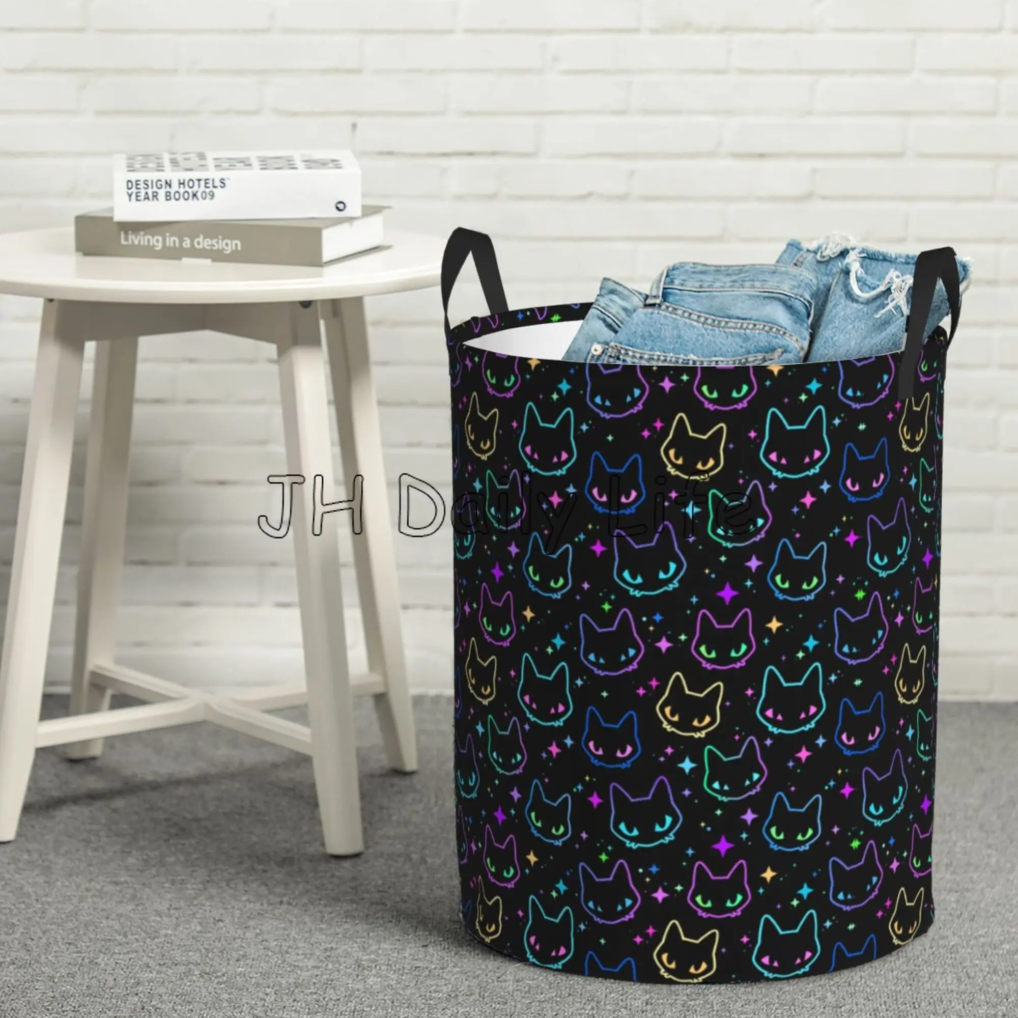 Funny Black Cats Round Laundry Hamper Cute Cat Silhouettes Storage Basket Toys Clothes Organizer Bin for Home Bathroom Bedroom