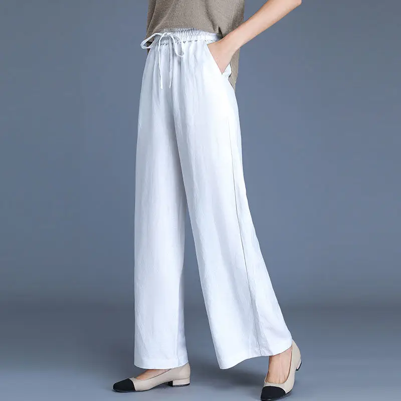 Spring Summer New Solid Color Elastic Waist Wide Leg Trousers Women High Street Pockets Patchwork High Waist Cotton Hemp Pants