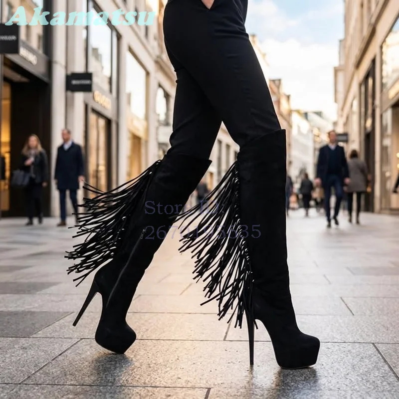 Retro Suede Fringe Platform Knee-high Boots Round Toe Back Zipper High Heels Modern Boots 2026 Autumn New Fashion Women Shoes