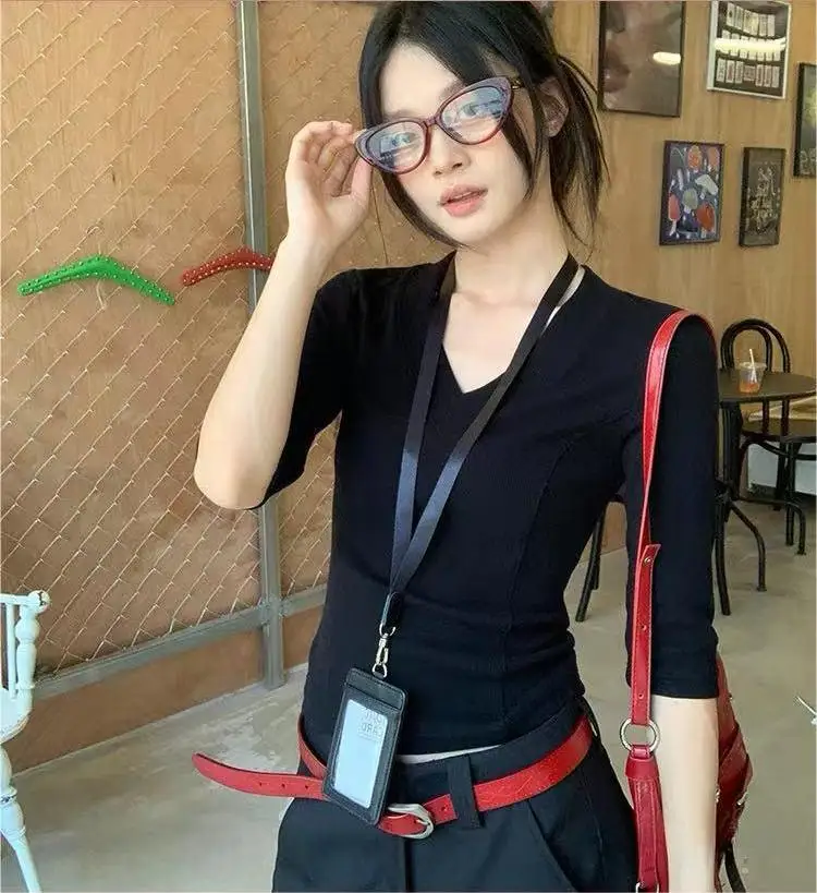 

NUOMICI Korean Black V-neck Short Sleeve T-shirt Summer Autumn Mid-length Sleeve Sexy Slim Fit Top Elegant Women's Clothing Chic