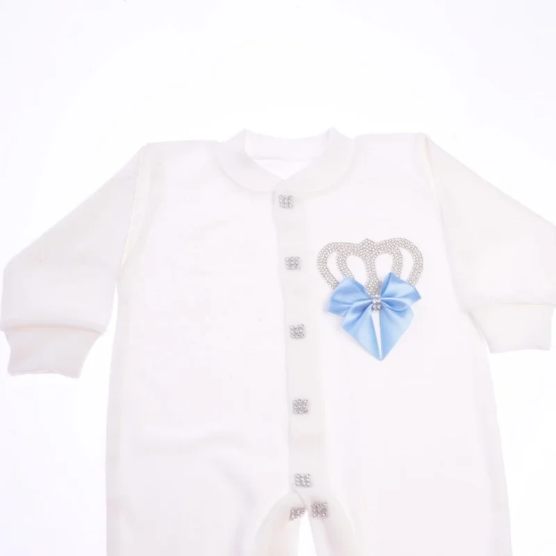 Baby Shower Gift Newborn 0-9 Months 4Pcs Footed Romper Off White Light Blue Silver Crown Bow Royal Baby Clothes