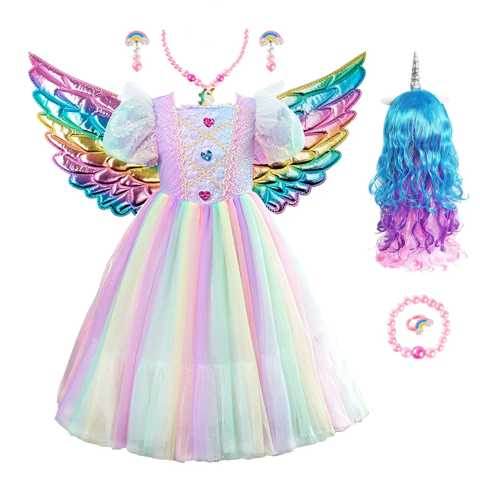 Halloween Unicorn Costumes Girls Colorblock Sequin Puffy Dress Surprise Birthday Gift for Children Carnival Party Encanto