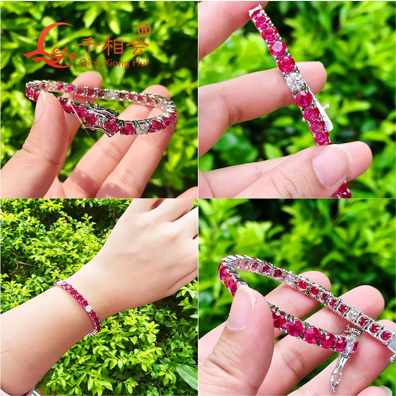 Pulsera de tenis de rubí de color rojo cultivado en laboratorio de 3mm, 4mm, 5mm y 6,5mm, pulsera de moissanita blanca de plata S925, regalo de joyería para fiesta para hombres y mujeres