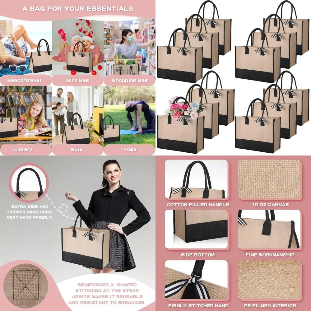 

12-Piece Set of Large Jute Tote Bags with Handles, Canvas Beach Bags, Reusable for Shopping, Market, Groceries, Travel, and DIY