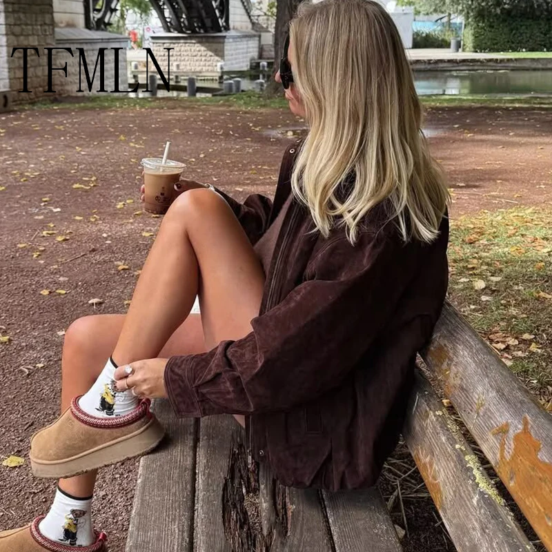 TFMLN موضة جديدة المرأة سترات من جلد الغزال 2025 جيوب الإناث معطف دافئ أنيق الشارع سستة معاطف عادية #4