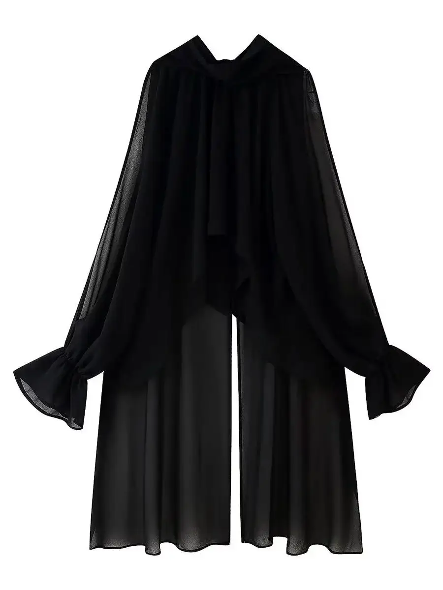 2025 Summer Women's Vintage Translucent Black Flare Sleeve Ruffles Tierred Shirts Lady Elegant Chiffon High Neck Layered Blouses
