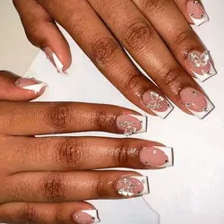 French Press on Nails Short Square Fake Nails Butterfly Nail Charms False Nails Rhinestone Designs Full Cover Stick on Nails Set