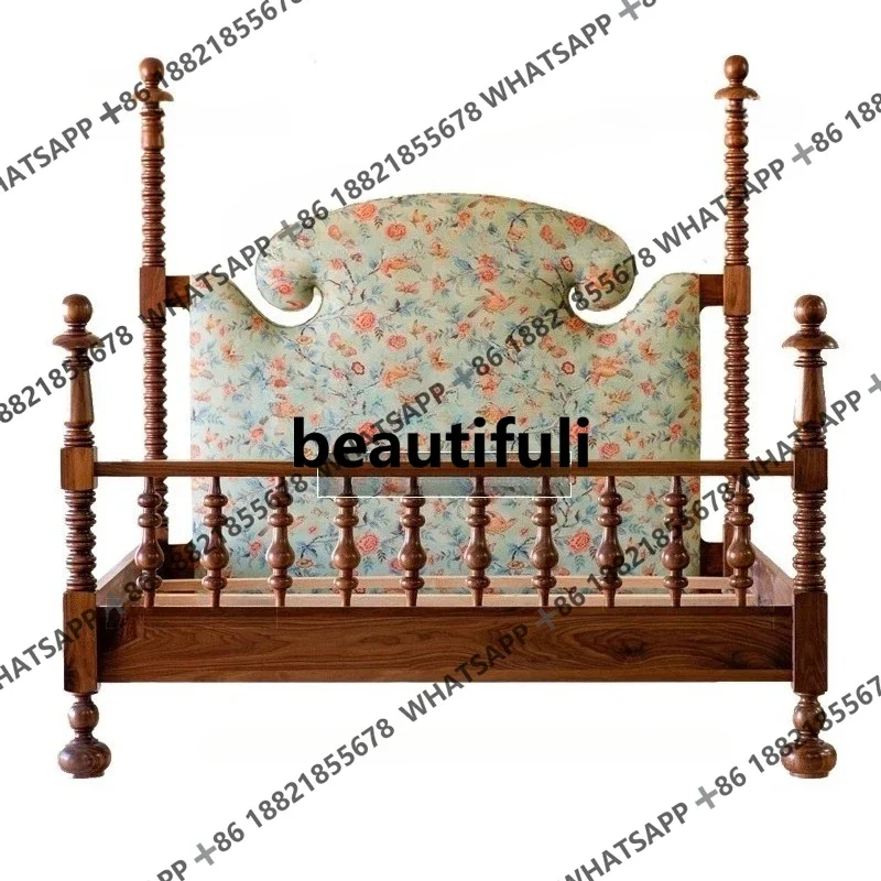 

X New vintage printed bed double Roman column bed furniture