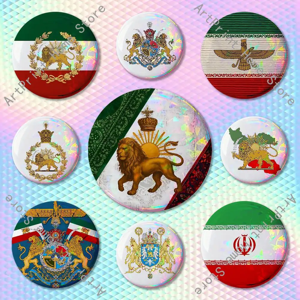 Imperial Coat of Arms of Iran national emblem Lion sun Crown Custom Badges 58mm Brooch Backpack Enamel Pins Accessories Gifts