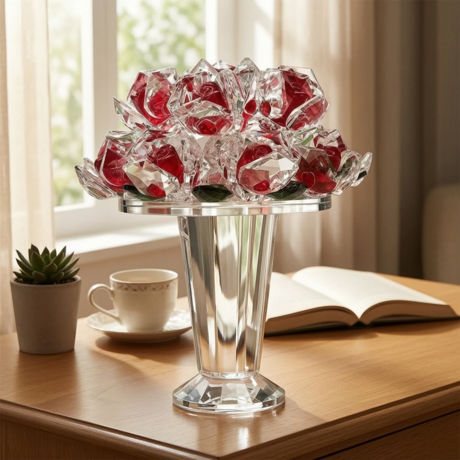 Crystal Rose Bouquet Decorative Rose Bouquet Ornament Glass Flower Figurine Standing Handmade for Desktop, Entryway