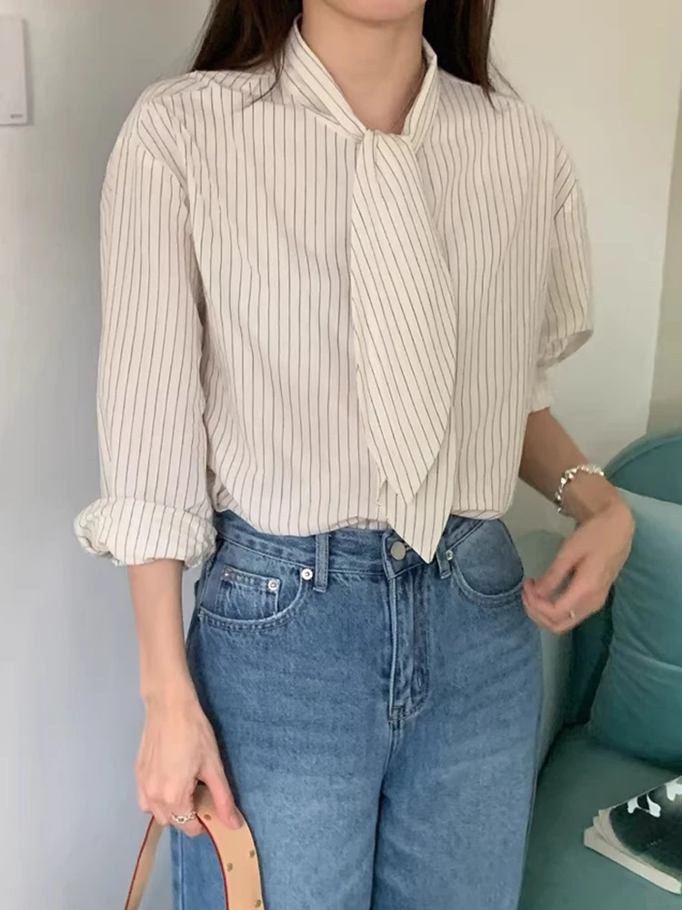 Ele Spring Stripe irt Women's Loose Long Sve  Knot Design Single Button Chic Korean Sle Office Commute