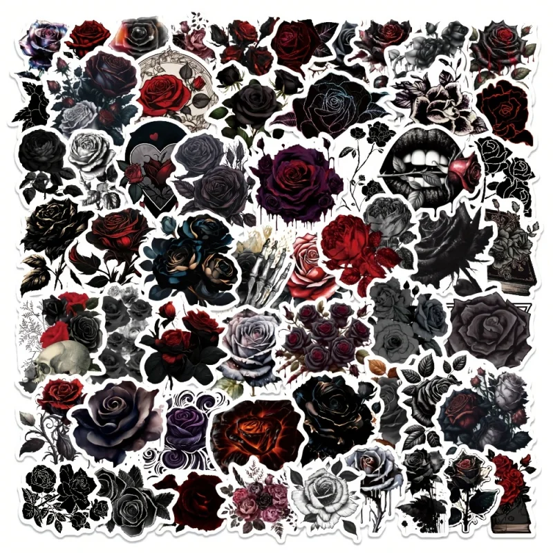 60 Stück Dunkle Ästhetische Schwarze Rosen-Aufkleber Kreative und Stilvolle Dunkle Graffiti-Sticker für Tagebücher