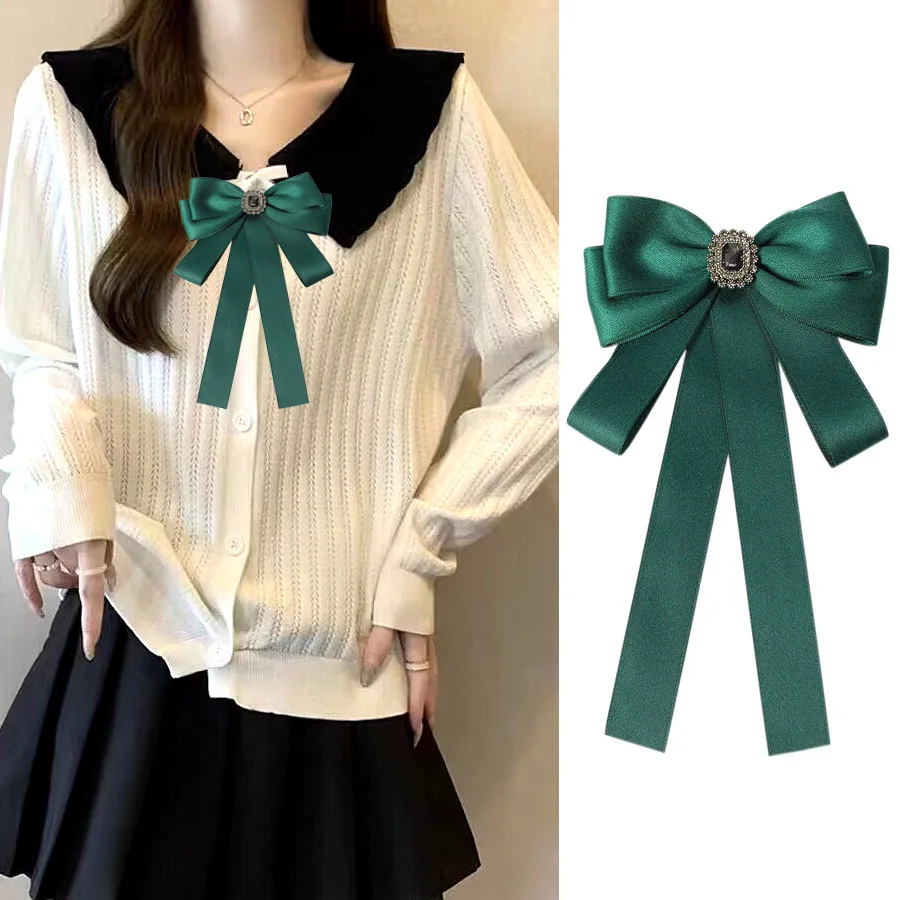 

Korean College Style Bow Tie Brooch Green Ribbon Rhinestone Pins Women's Clothing Suit Shirts Accessories Collar Flower Bowties