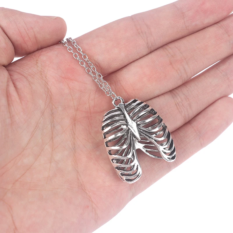 Gothic vinage Silver rib Cage Necklace Anatomical Skeleton Punk Retro pendant