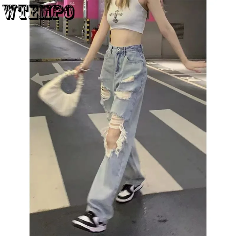 Women's Loose Distressed Denim Pants Spring Autumn Korean Broken Hole High Waist Washed Wide Leg Maxi Ripped Jeans