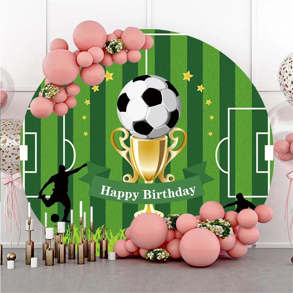 Soccer Birthday Circle Backdrop Football Decoration Field Goal Party Grass Trophy Cup Sports Ball Photo Background Round Cover