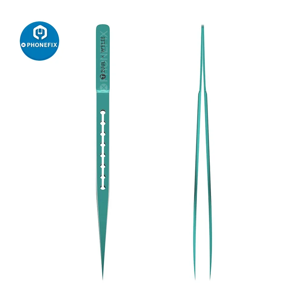 2UUL Titanium Alloy Green Curved Straight Tweezer for Mobile Phone Motherboard Repair Precise Wire Jump Line Firmly Hand Tool