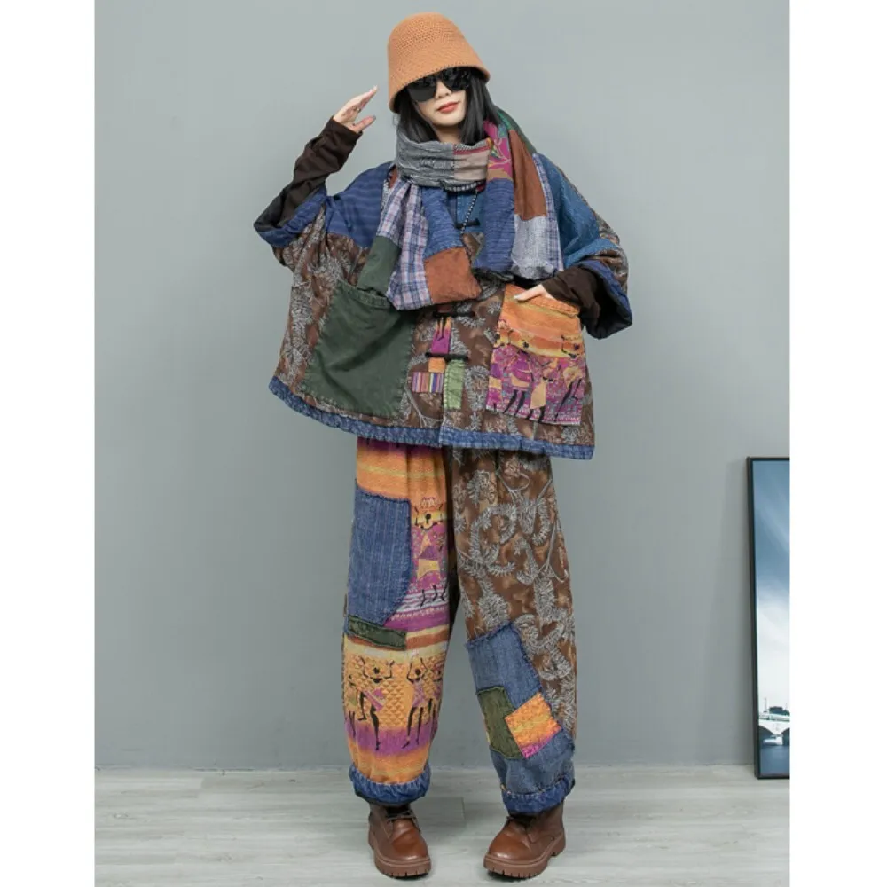 Printed Linen Patchwork Old Fabric Buttoned Cardigan Cotton Coat + Cotton Pants Two-piece Set Women Winter ZF391