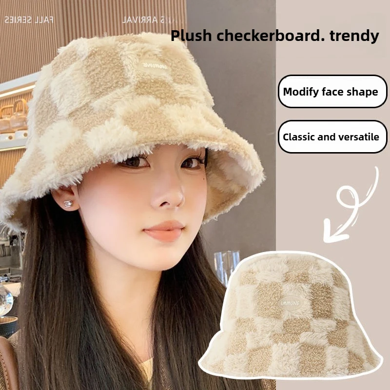 

Fashionable Checkered Fisherman's Hat Winter Imitation Mink Fleece Warm Bucket Hat Windproof Cold-proof Ear-protecting Basin Hat