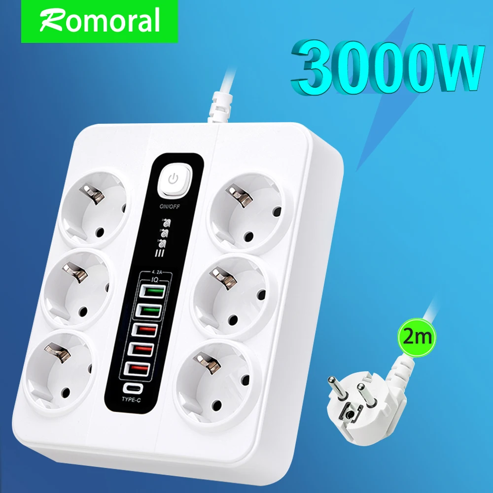 Ciabatta ue a 6 vie con 5 prese Multiple USB presa di prolunga USB C con protezione da sovracorrente dell'interruttore per la casa dell'ufficio