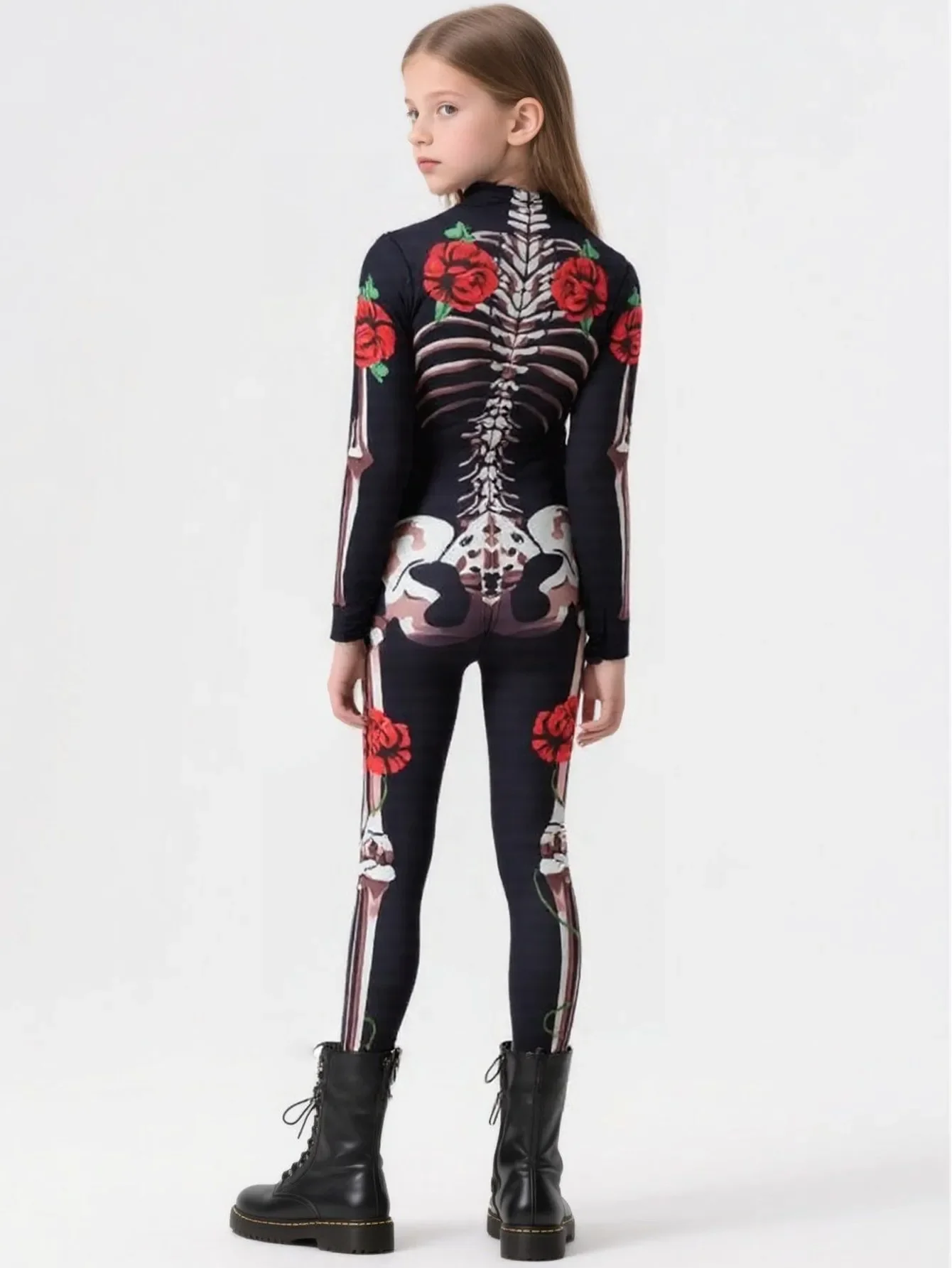 2026 Mädchen Jungen Gothic Geisterbraut Cosplay-Set Skelett-Rosen-Print Bodysuit für Kinder Halloween Karneval Kostüm-Party – Detail 6