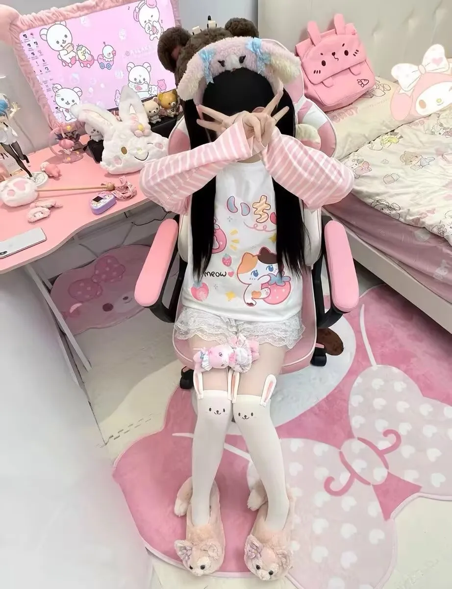 Harajuku الجرونج تي شيرت اليابانية المرقعة الوردي شريط عادية تيز الخريف الكرتون الطباعة Kawaii لطيف Y2k القمم الجمالية #5