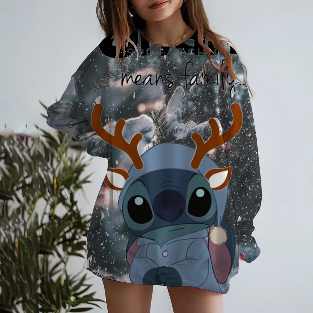 Christmas Disney Stitch Hoodie Long Sleeve Round Neck T-shirt Autumn/Winter Basic Hoodie Women's Knitted Checkered Sleeve Sports