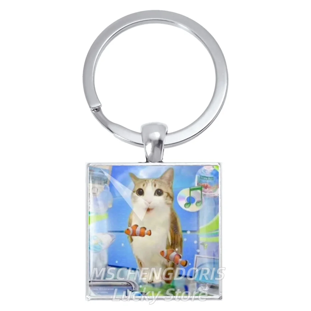 Frutiger Aero Art Retro Funny Meme Keychain Cat 25mm Keychain Glass Square Pendant Keychain Collection Charm Jewelry Gift