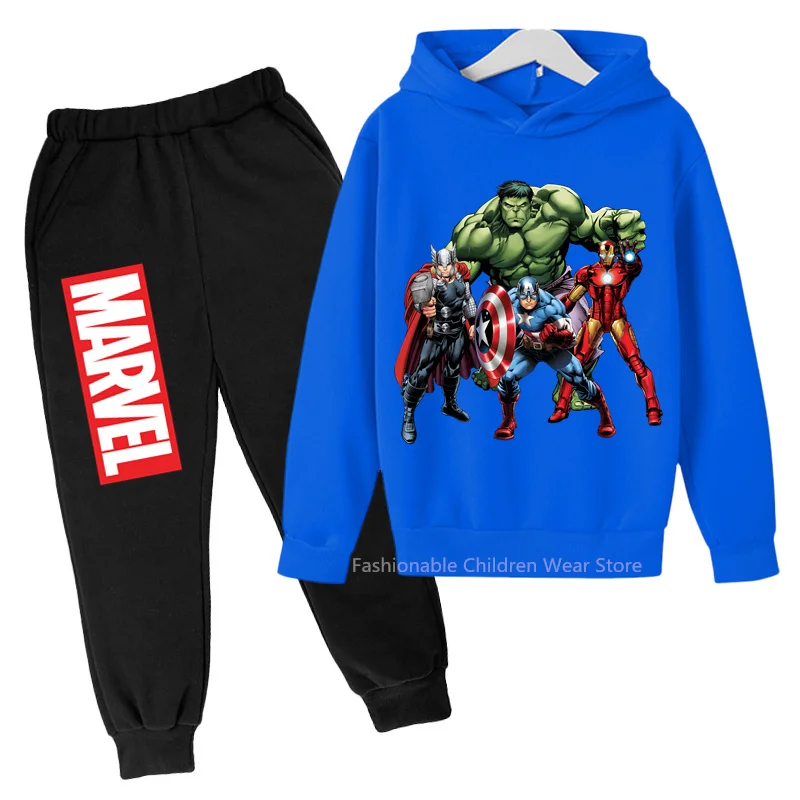 New Marvel Avengers Print Hoodie & Pants Set - Kids' Cotton Capped Shirt for Casual Outdoor Styles