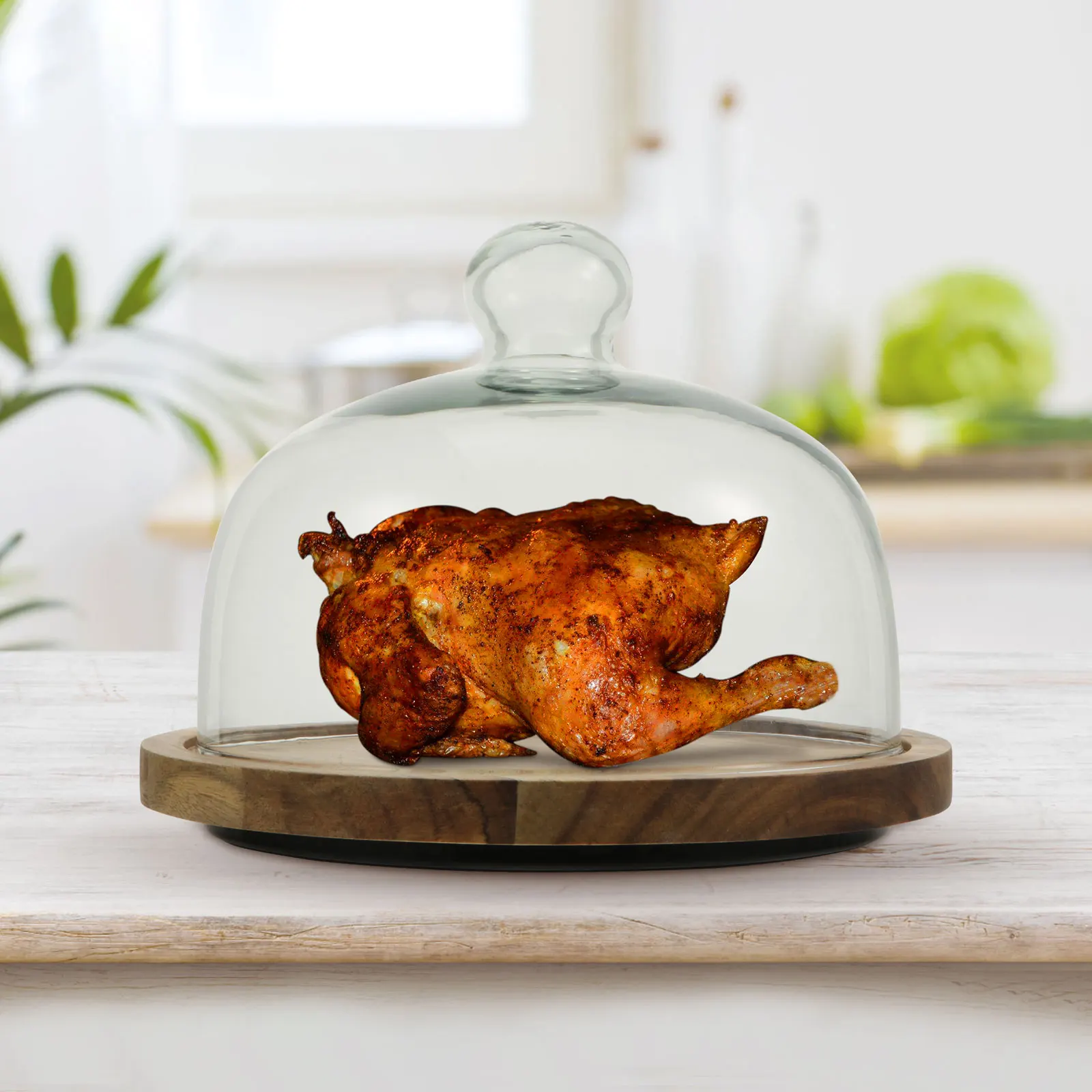 

Transparent Glass Cake Display Tray 20.5cm Bamboo Stand Cover Storage Food Home Hotel Restaurant Use Cupcake Hood