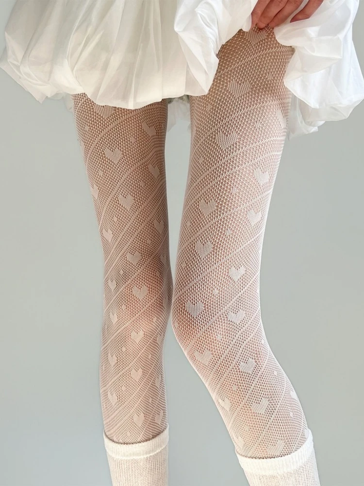 Japanese Lolita Heart Pattern White Fishnet Stockings Hot Tights Women Classic Hollowed Out Lace Mesh Hosiery Bottomed Pantyhose