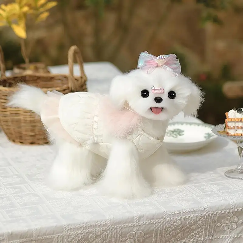 

Luxury Pink White Pet Dog Clothes Handmade Cotton Warm Princess Party Dresses For Small Medium Dog Yorkshire Poodle Dog Clothing