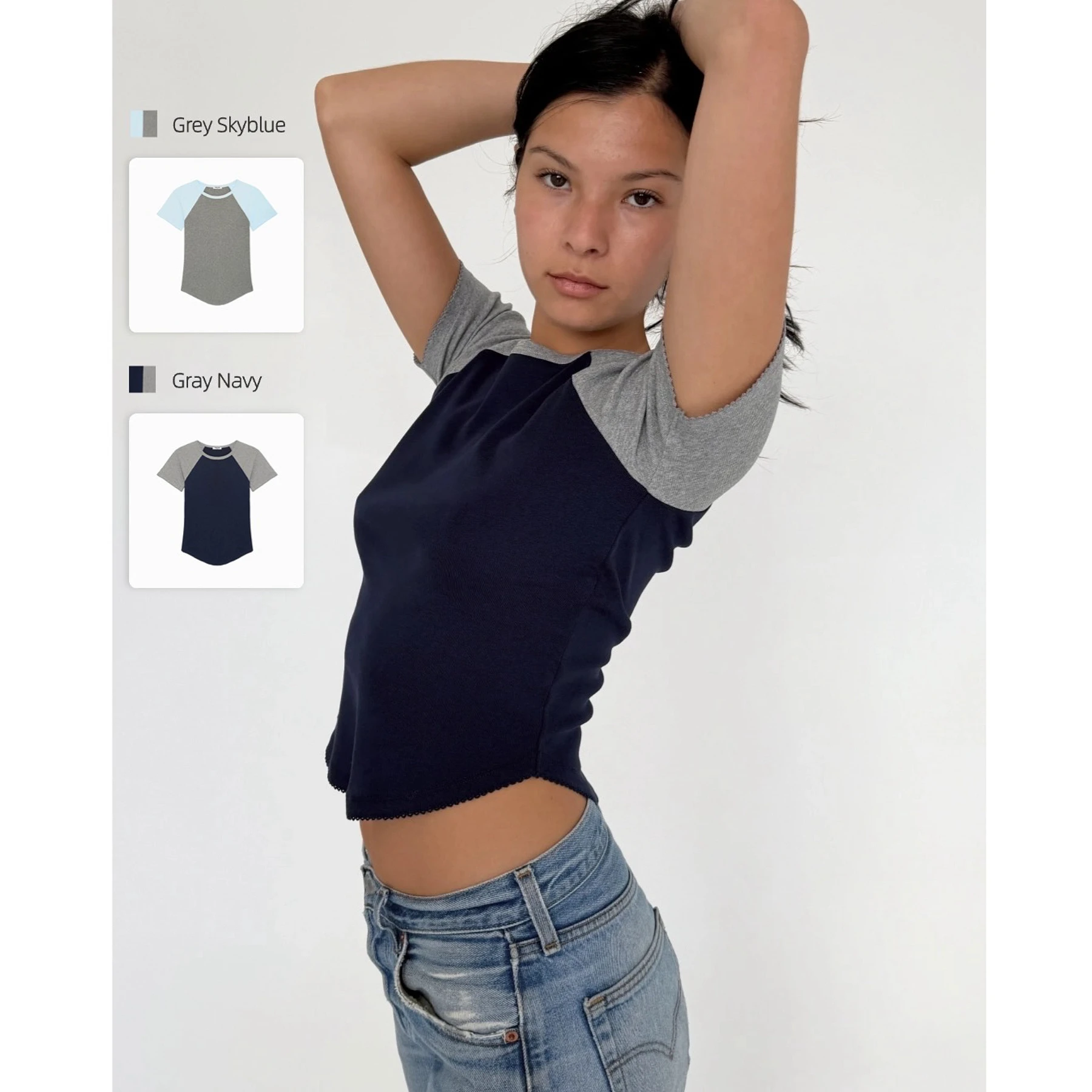 COU Navy Blue Raglan Short-Sleeved Top Light Blue Gray Color Block Irregular Hem Casual Fit Women's Top