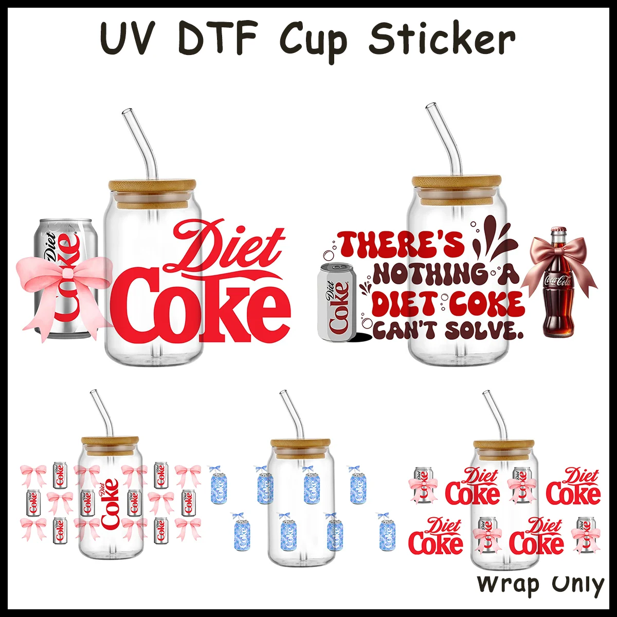 Kawaii Pink Ribbon Bow Beverage Can UV DTF Transfer Decal for Tumbler Glass Diet Drink Ready to Apply Cup Waterproof Decal