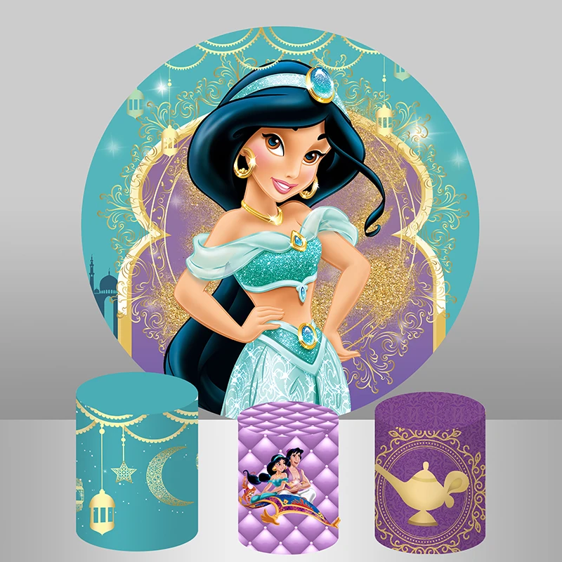 Aladdin Princess Jasmine Round Backdrop Cover Gold Glitter Purple Turquoise Girls Birthday Party Circle Backgrounds Table Covers