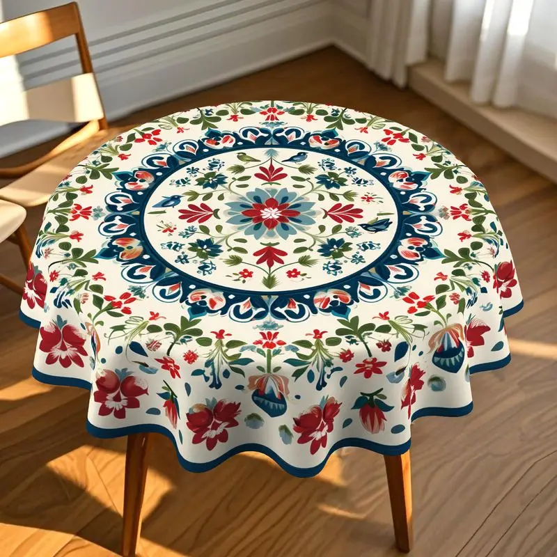 VIKAMA Vintage Floral Round Tablecloth Cream Blue Red Botanical Bird Medallion Farmhouse Round Table Cover Dining Room Decor