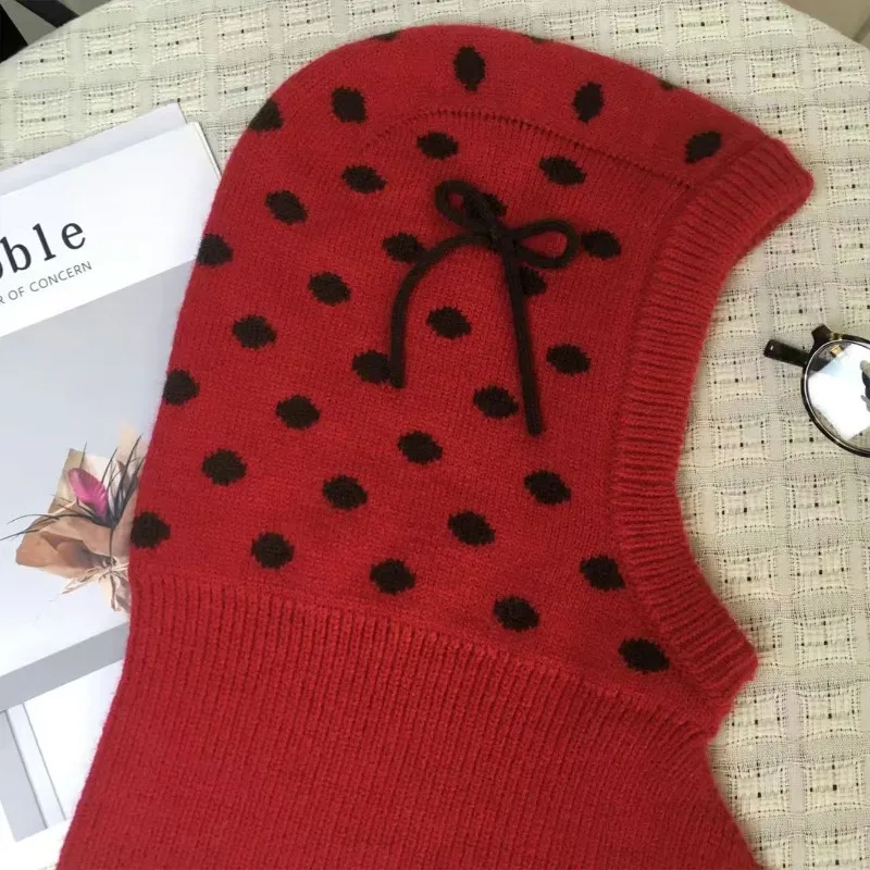 Koreanische Version Polka Dot Schleife Balaclava-Mütze Herbst- und Winter-Outdoor-Wärmeschal-Mütze Einteilige Strickmütze für Damen – Detail 4